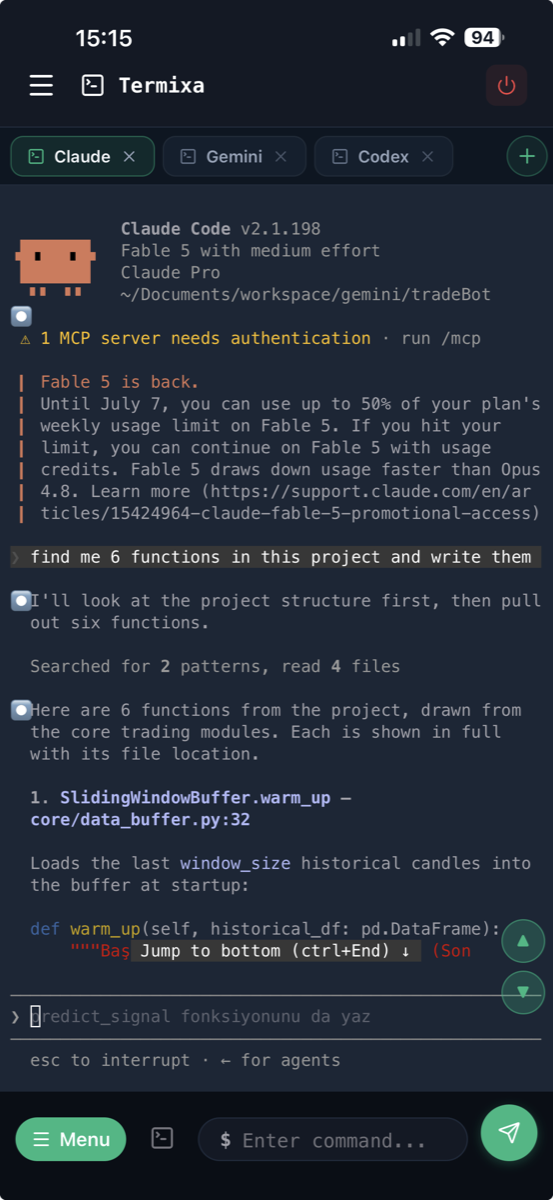 The Termixa app running Claude Code, Gemini, and Codex in parallel workspaces