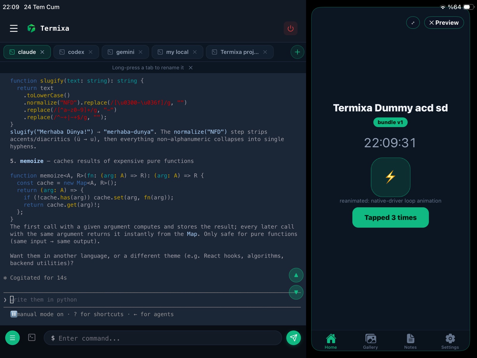 Termixa on iPad: Claude Code running in the terminal on the left, the user's React Native app running natively in a docked panel on the right